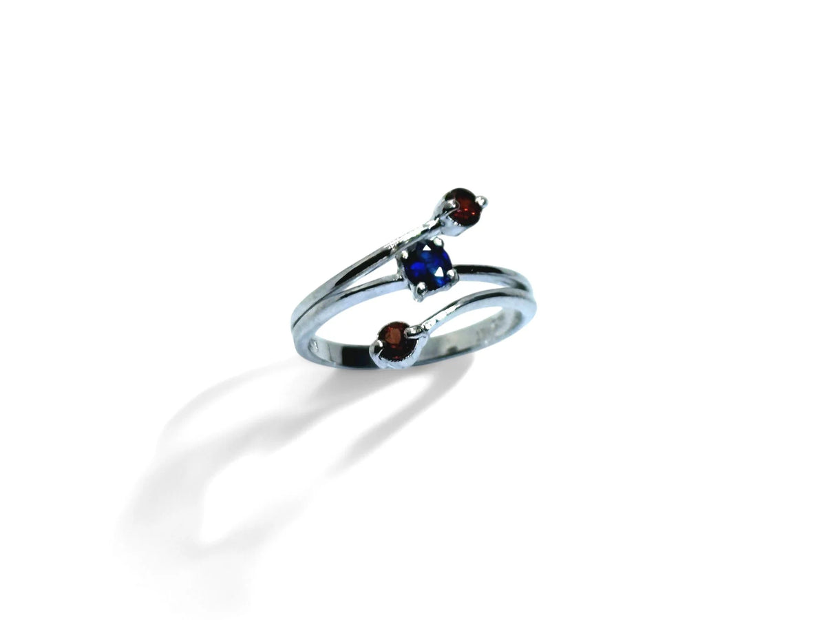 "Firework Spark" Natural Blue Sapphire & Red Garnet Ring
