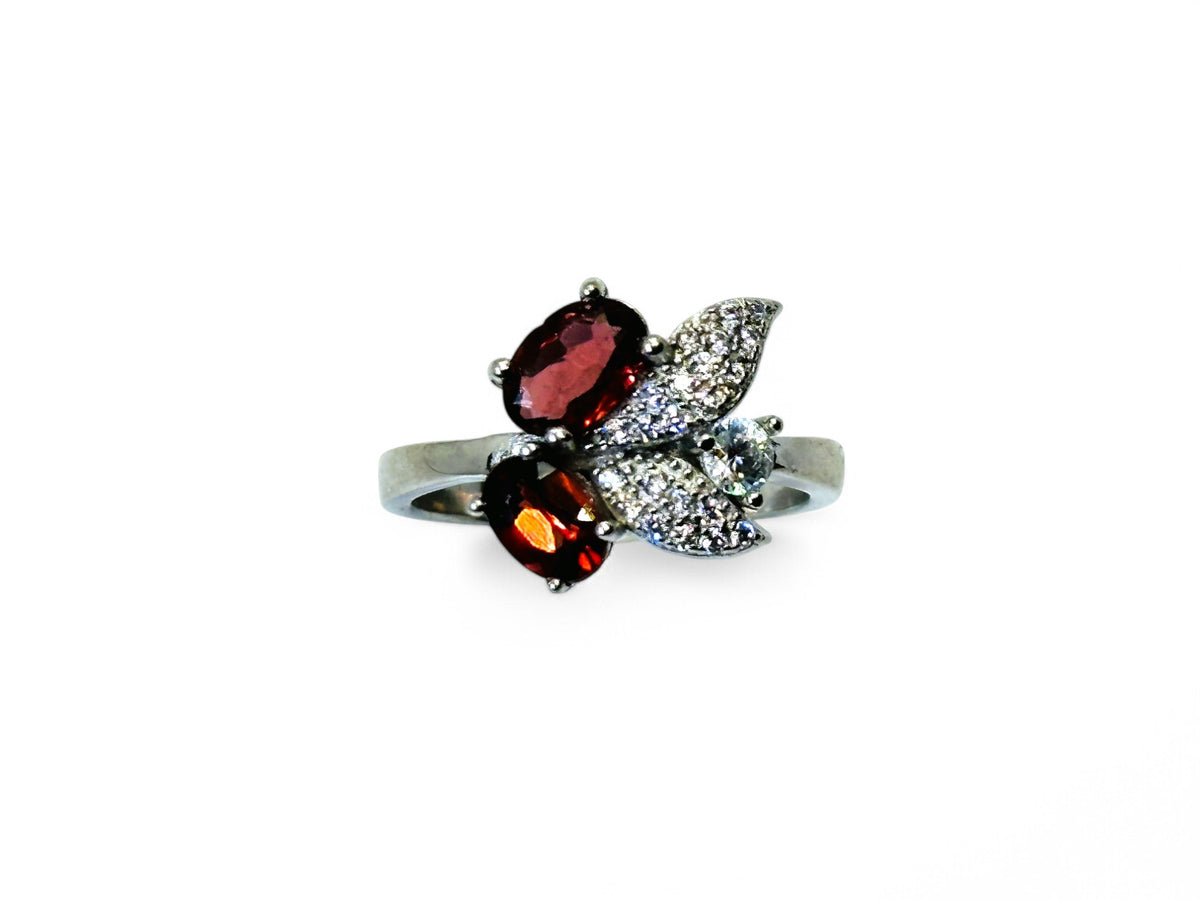 "Floral Twins" Red Garnet Ring