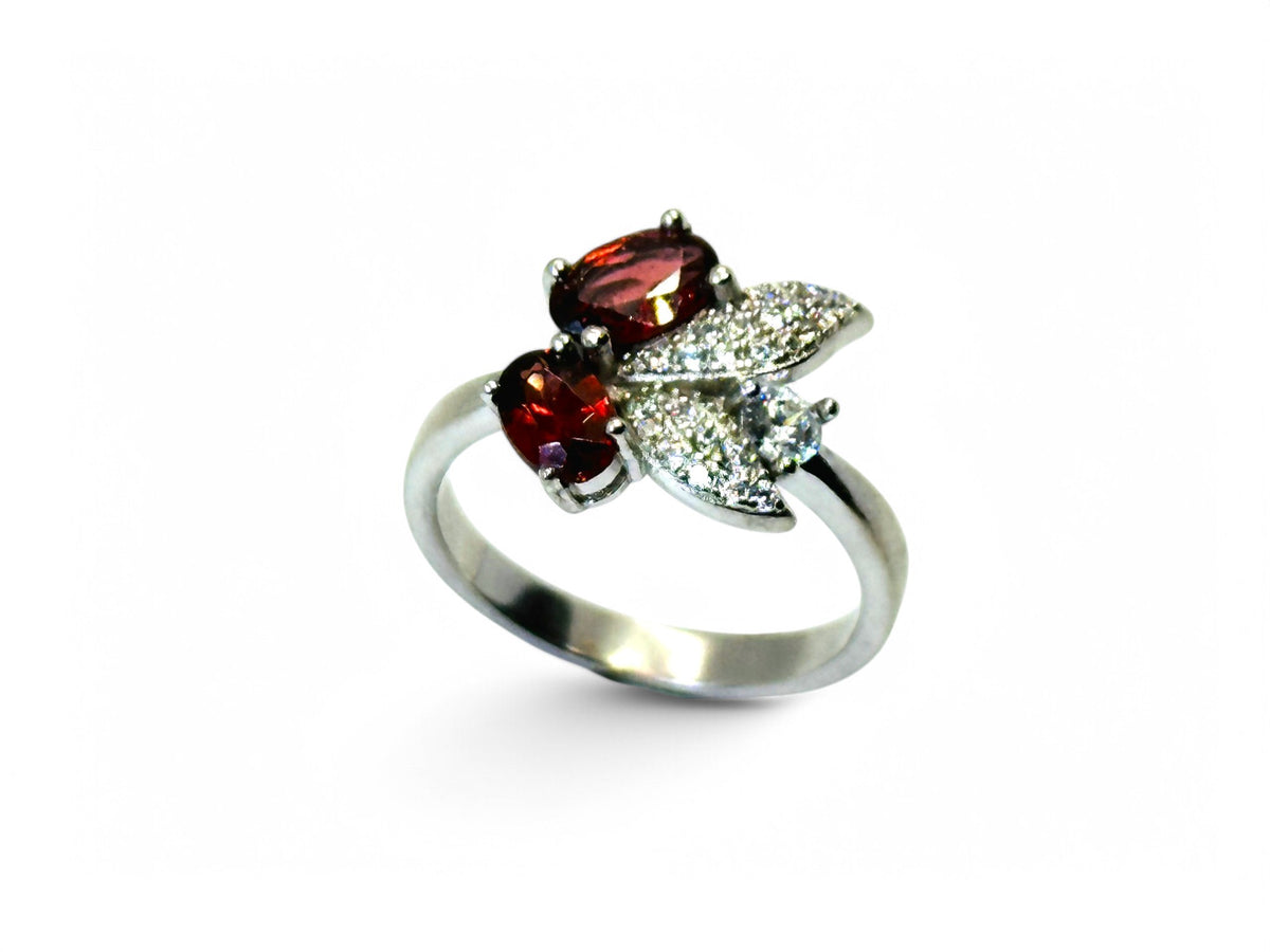 "Floral Twins" Red Garnet Ring